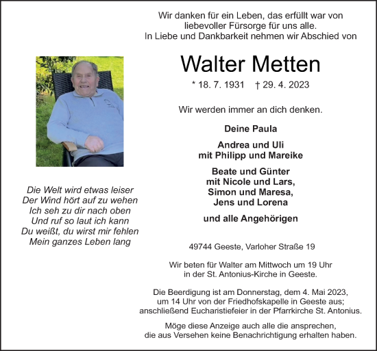 Traueranzeige von Walter Metten von Neue Osnabrücker Zeitung GmbH & Co. KG