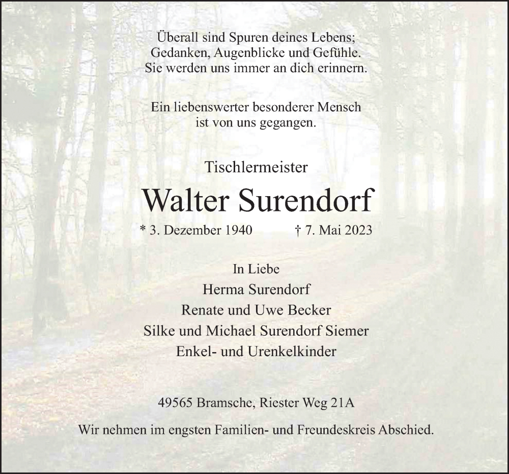  Traueranzeige für Walter Surendorf vom 13.05.2023 aus Neue Osnabrücker Zeitung GmbH & Co. KG