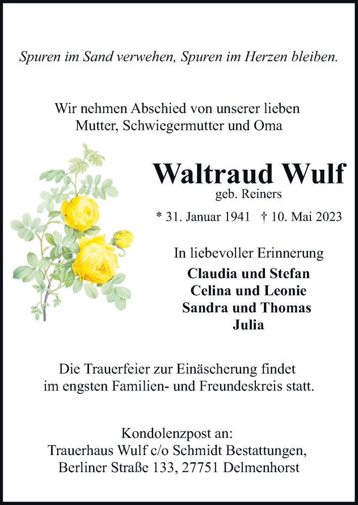  Traueranzeige für Waltraud Wulf vom 13.05.2023 aus DK Medien GmbH & Co. KG