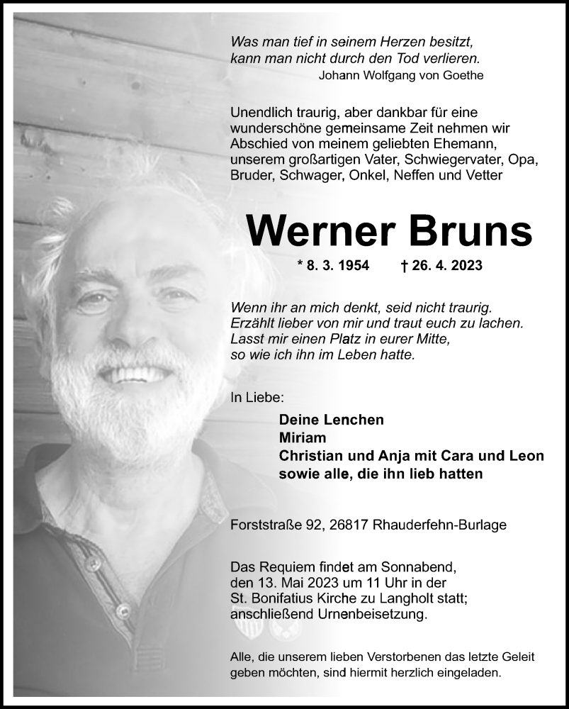  Traueranzeige für Werner Bruns vom 06.05.2023 aus Neue Osnabrücker Zeitung GmbH & Co. KG