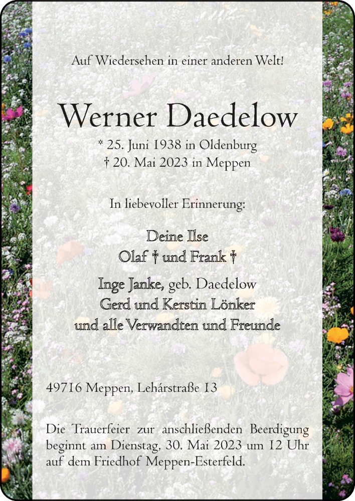  Traueranzeige für Werner Daedelow vom 26.05.2023 aus Neue Osnabrücker Zeitung GmbH & Co. KG