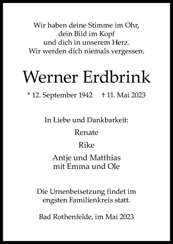 Traueranzeige von Werner Erdbrink von Neue Osnabrücker Zeitung GmbH & Co. KG