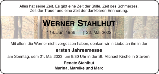 Traueranzeige von Werner Stahlhut von Neue Osnabrücker Zeitung GmbH & Co. KG