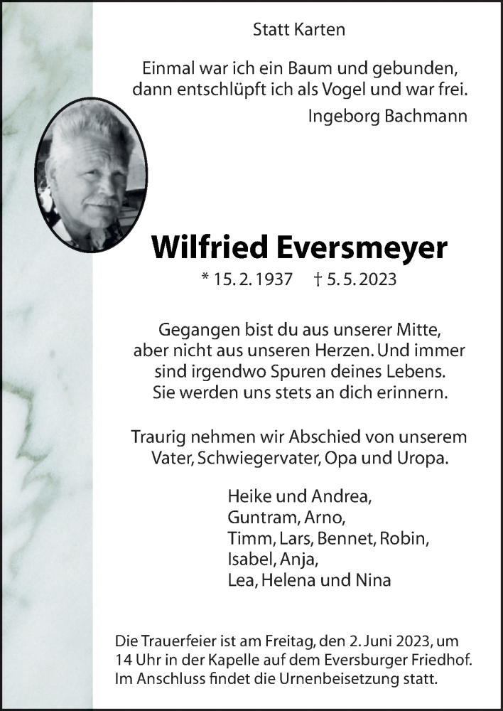  Traueranzeige für Wilfried Eversmeyer vom 20.05.2023 aus Neue Osnabrücker Zeitung GmbH & Co. KG