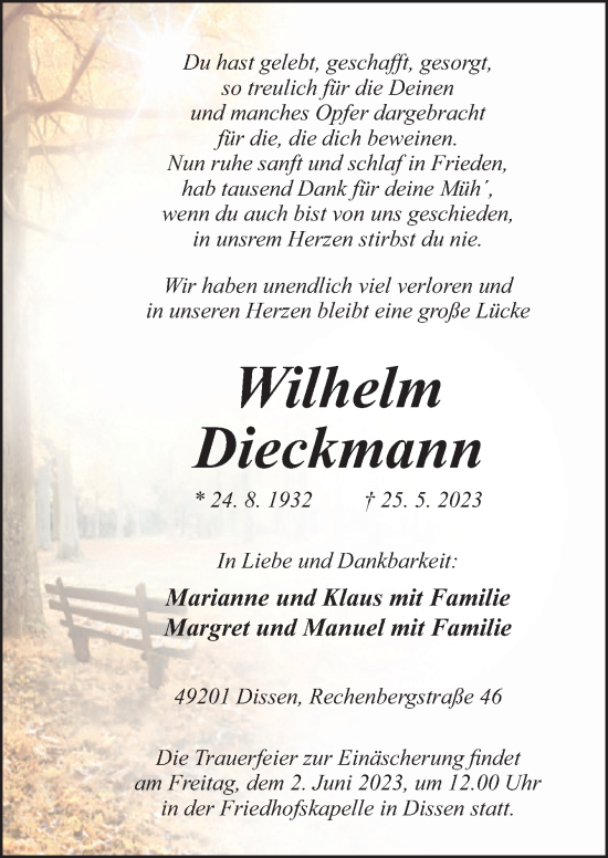 Traueranzeige von Wilhelm Dieckmann von Neue Osnabrücker Zeitung GmbH & Co. KG