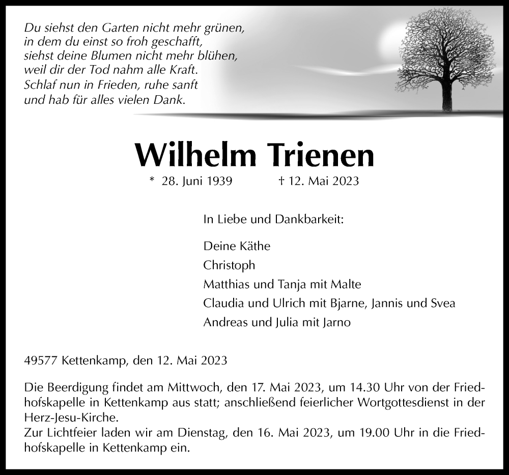  Traueranzeige für Wilhelm Trienen vom 15.05.2023 aus Neue Osnabrücker Zeitung GmbH & Co. KG