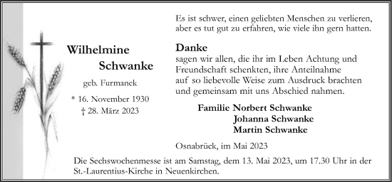 Traueranzeige von Wilhelmine Schwanke von Neue Osnabrücker Zeitung GmbH & Co. KG