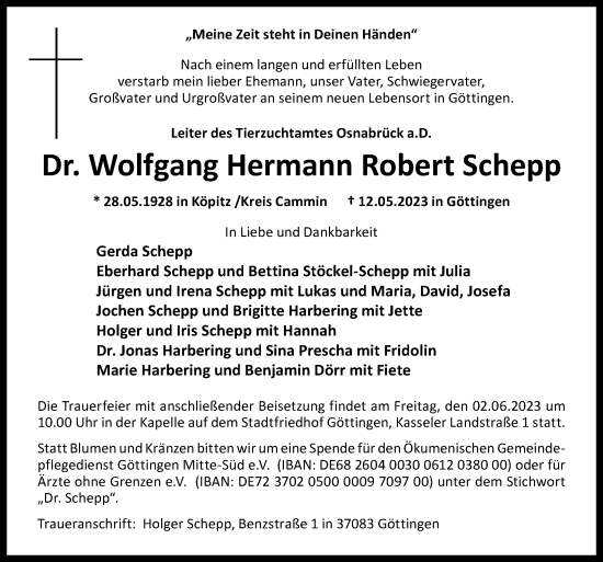 Traueranzeige von Wolfgang Hermann Robert Schepp von Neue Osnabrücker Zeitung GmbH & Co. KG