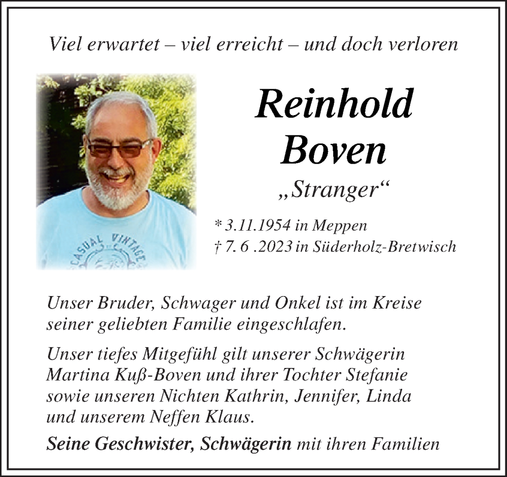  Traueranzeige für Reinhold Boven vom 24.06.2023 aus Neue Osnabrücker Zeitung GmbH & Co. KG