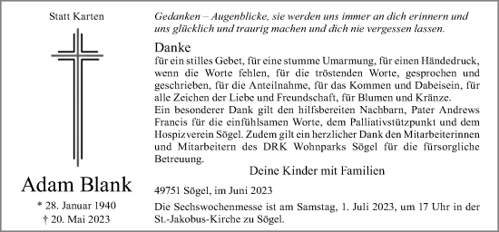 Traueranzeige von Adam Blank von Neue Osnabrücker Zeitung GmbH & Co. KG