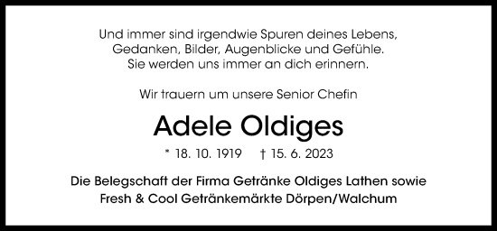 Traueranzeige von Adele Oldiges von Neue Osnabrücker Zeitung GmbH & Co. KG