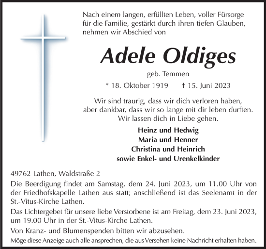 Traueranzeige von Adele Oldiges von Neue Osnabrücker Zeitung GmbH & Co. KG