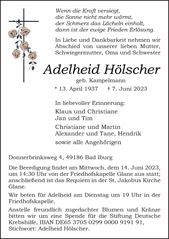 Traueranzeige von Adelheid Hölscher von Neue Osnabrücker Zeitung GmbH & Co. KG