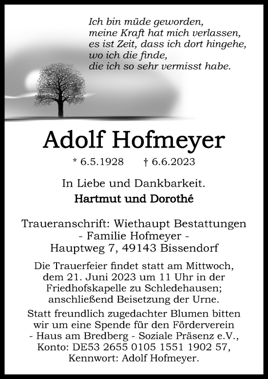 Traueranzeige von Adolf Hofmeyer von Neue Osnabrücker Zeitung GmbH & Co. KG