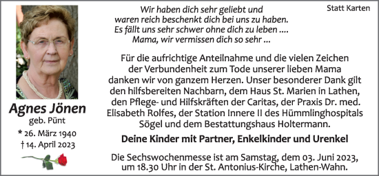 Traueranzeige von Agnes Jönen von Neue Osnabrücker Zeitung GmbH & Co. KG