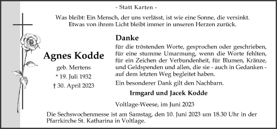 Traueranzeige von Agnes Kodde von Neue Osnabrücker Zeitung GmbH & Co. KG