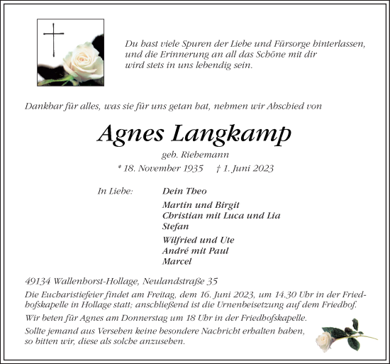 Traueranzeige von Agnes Langkamp von Neue Osnabrücker Zeitung GmbH & Co. KG