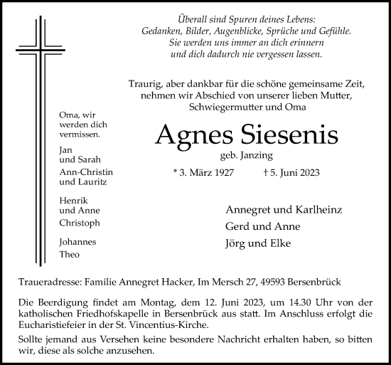 Traueranzeige von Agnes Siesenis von Neue Osnabrücker Zeitung GmbH & Co. KG