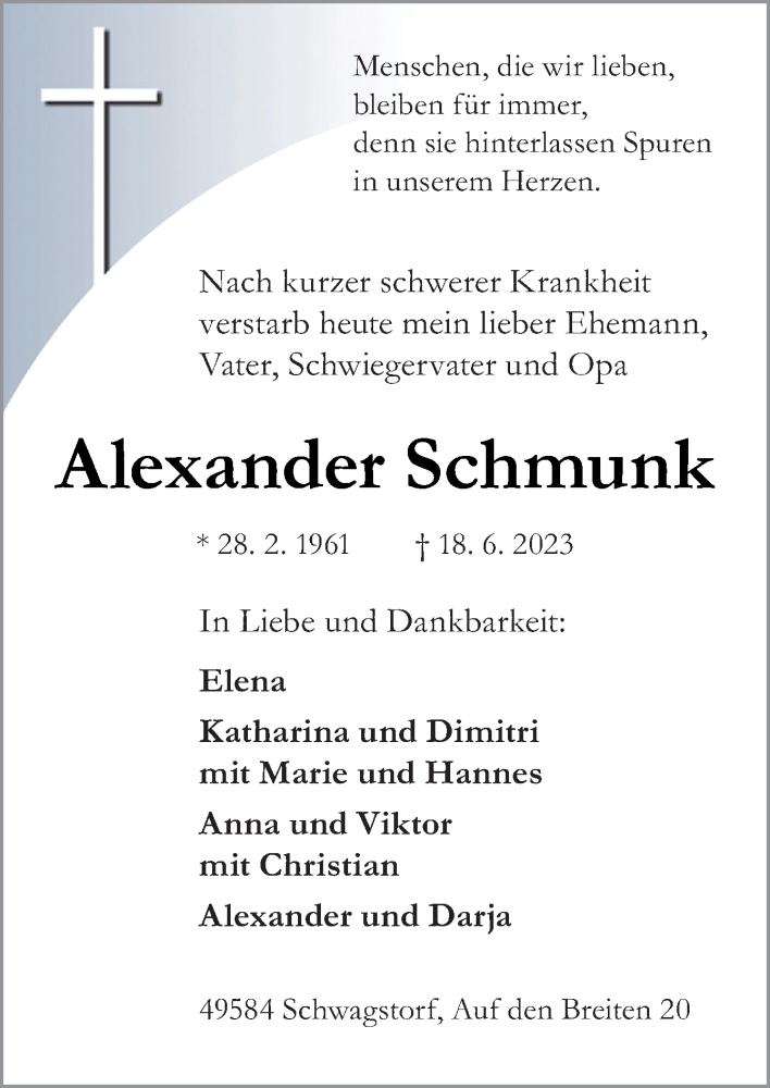  Traueranzeige für Alexander Schmunk vom 22.06.2023 aus Neue Osnabrücker Zeitung GmbH & Co. KG