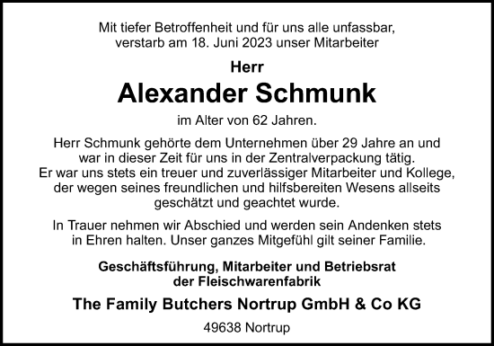 Traueranzeige von Alexander Schmunk von Neue Osnabrücker Zeitung GmbH & Co. KG