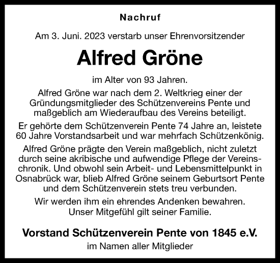 Traueranzeige von Alfred Gröne von Neue Osnabrücker Zeitung GmbH & Co. KG