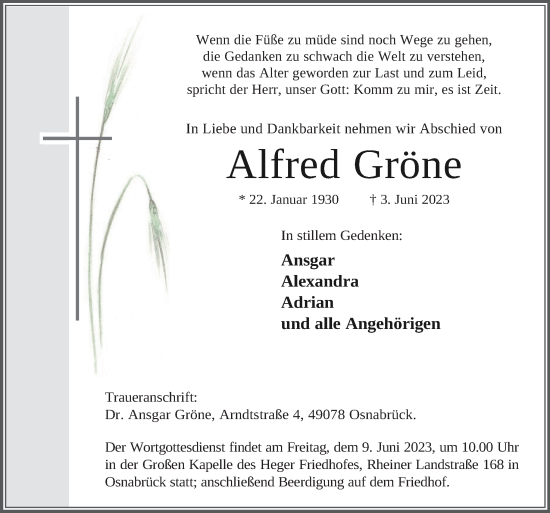 Traueranzeige von Alfred Gröne von Neue Osnabrücker Zeitung GmbH & Co. KG