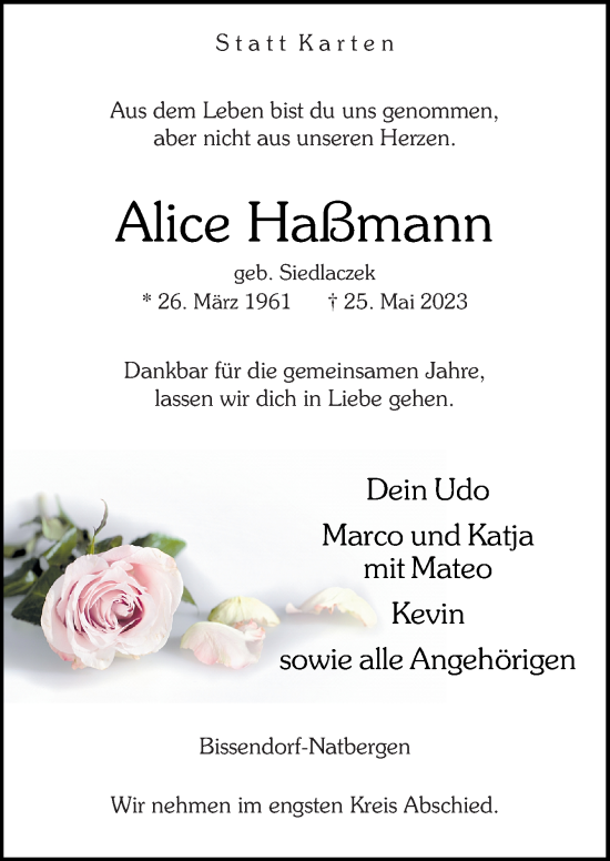 Traueranzeige von Alice Haßmann von Neue Osnabrücker Zeitung GmbH & Co. KG