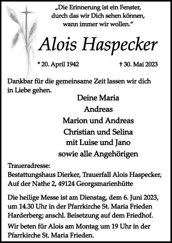 Traueranzeige von Alois Haspecker von Neue Osnabrücker Zeitung GmbH & Co. KG