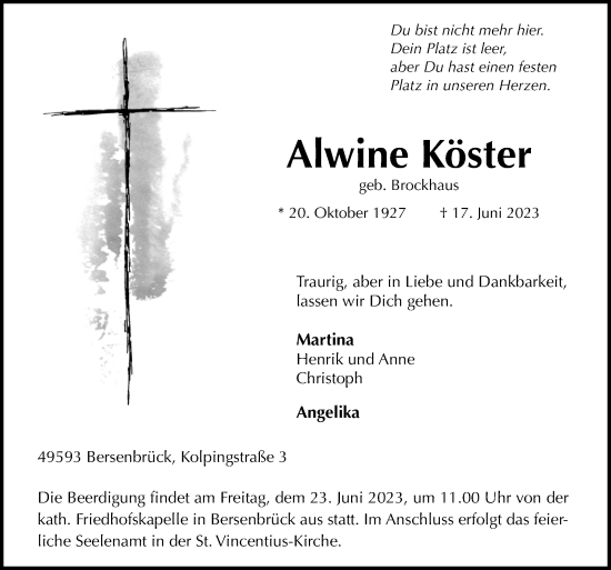 Traueranzeige von Alwine Köster von Neue Osnabrücker Zeitung GmbH & Co. KG