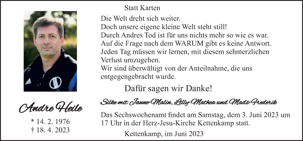  Traueranzeige für Andre Heile vom 01.06.2023 aus Neue Osnabrücker Zeitung GmbH & Co. KG