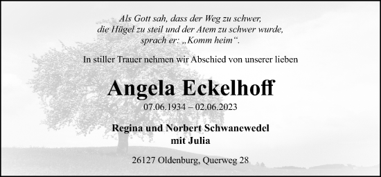 Traueranzeige von Angela Eckelhoff von Neue Osnabrücker Zeitung GmbH & Co. KG