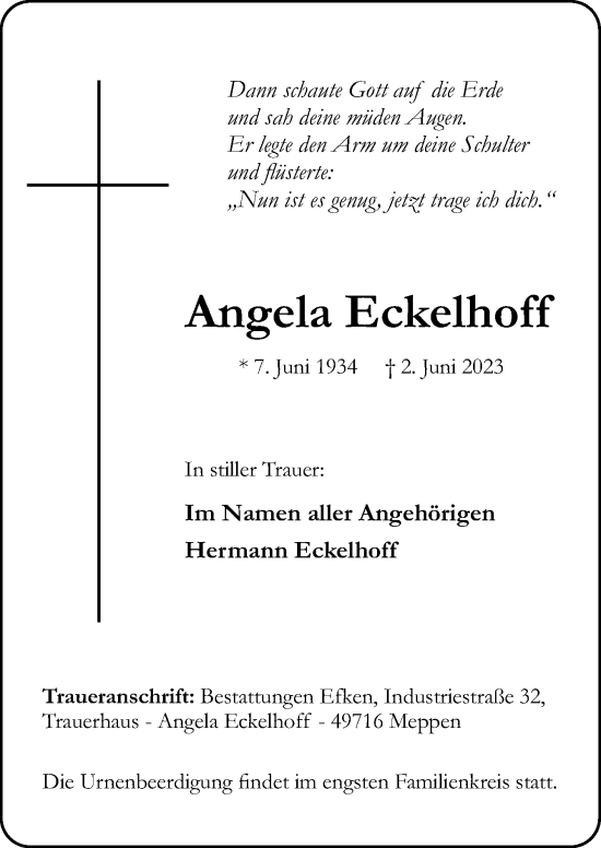 Traueranzeige von Angela Eckelhoff von Neue Osnabrücker Zeitung GmbH & Co. KG