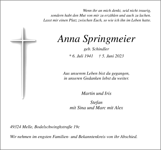 Traueranzeige von Anna Springmeier von Neue Osnabrücker Zeitung GmbH & Co. KG