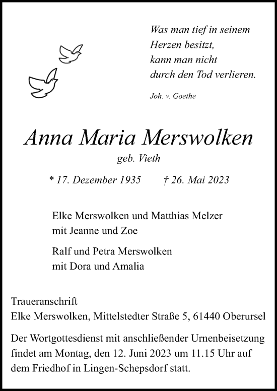Traueranzeige von Anna Maria Merswolken von Neue Osnabrücker Zeitung GmbH & Co. KG