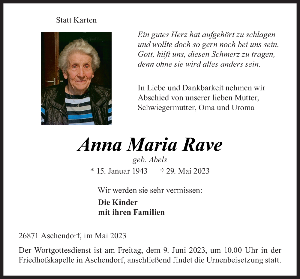  Traueranzeige für Anna Maria Rave vom 01.06.2023 aus Neue Osnabrücker Zeitung GmbH & Co. KG