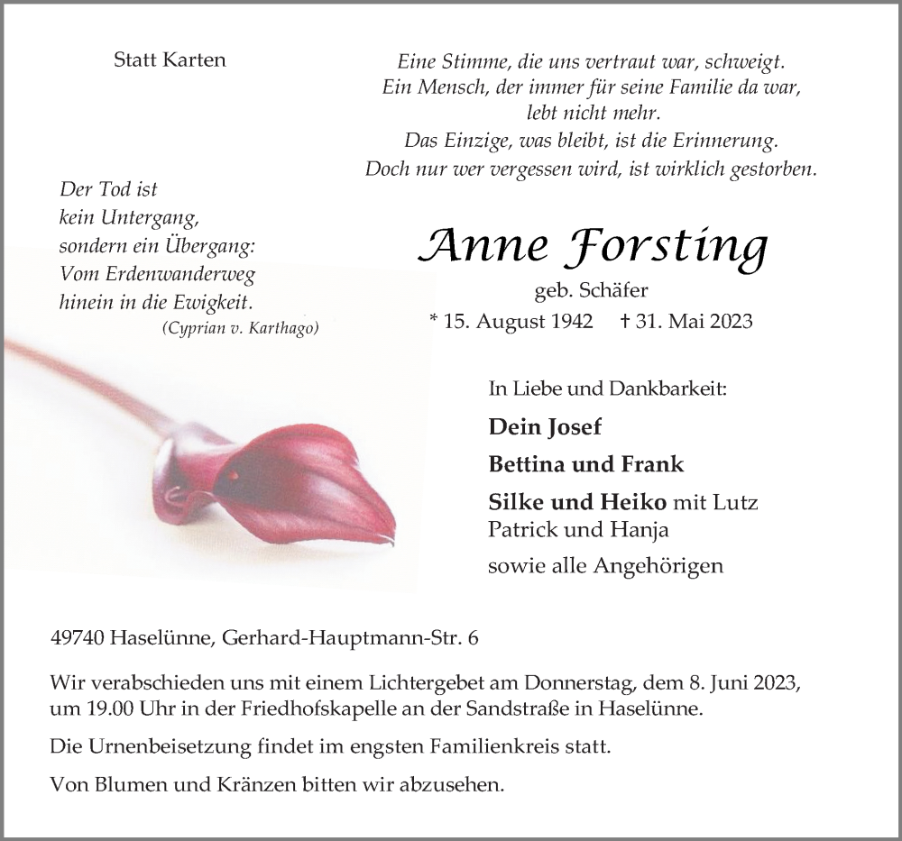  Traueranzeige für Anne Forsting vom 03.06.2023 aus Neue Osnabrücker Zeitung GmbH & Co. KG