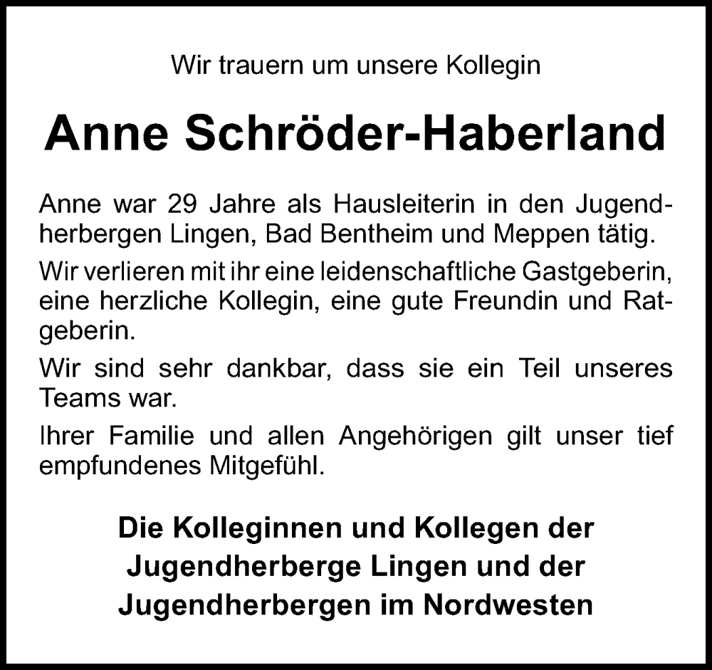  Traueranzeige für Anne Schröder-Haberland vom 17.06.2023 aus Neue Osnabrücker Zeitung GmbH & Co. KG