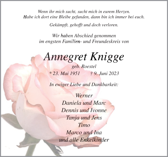 Traueranzeige von Annegret Knigge von Neue Osnabrücker Zeitung GmbH & Co. KG