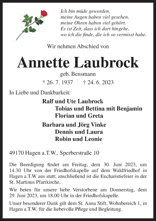 Traueranzeige von Annette Laubrock von Neue Osnabrücker Zeitung GmbH & Co. KG