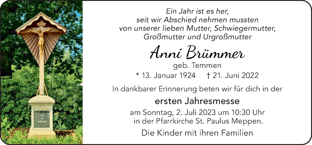  Traueranzeige für Anni Brümmer vom 28.06.2023 aus Neue Osnabrücker Zeitung GmbH & Co. KG