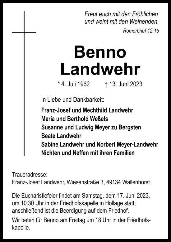 Traueranzeige von Benno Landwehr von Neue Osnabrücker Zeitung GmbH & Co. KG