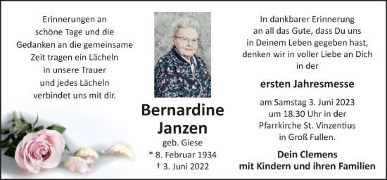 Traueranzeige von Bernardine Janzen von Neue Osnabrücker Zeitung GmbH & Co. KG