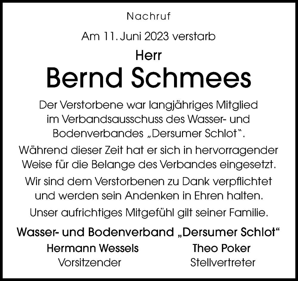  Traueranzeige für Bernd Schmees vom 21.06.2023 aus Neue Osnabrücker Zeitung GmbH & Co. KG