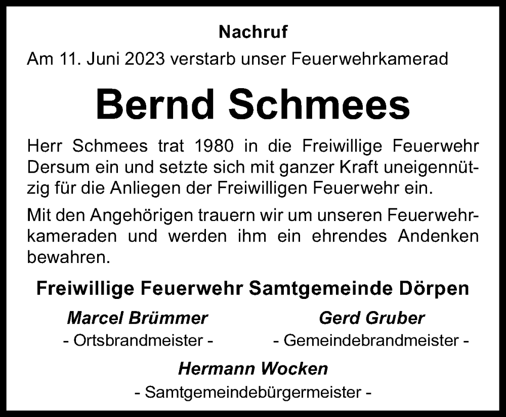  Traueranzeige für Bernd Schmees vom 21.06.2023 aus Neue Osnabrücker Zeitung GmbH & Co. KG