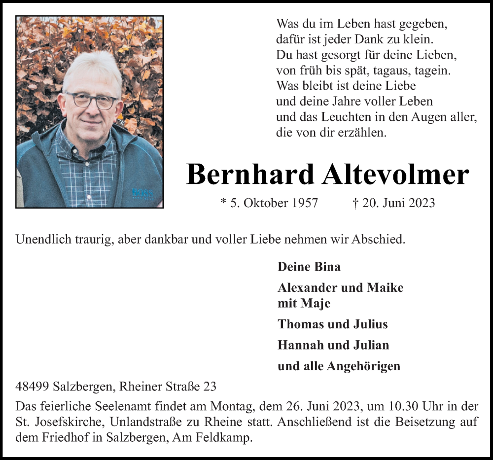  Traueranzeige für Bernhard Altevolmer vom 23.06.2023 aus Neue Osnabrücker Zeitung GmbH & Co. KG