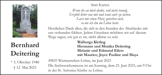 Traueranzeige von Bernhard Deitering von Neue Osnabrücker Zeitung GmbH & Co. KG