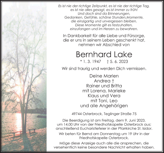 Traueranzeige von Bernhard Lake von Neue Osnabrücker Zeitung GmbH & Co. KG