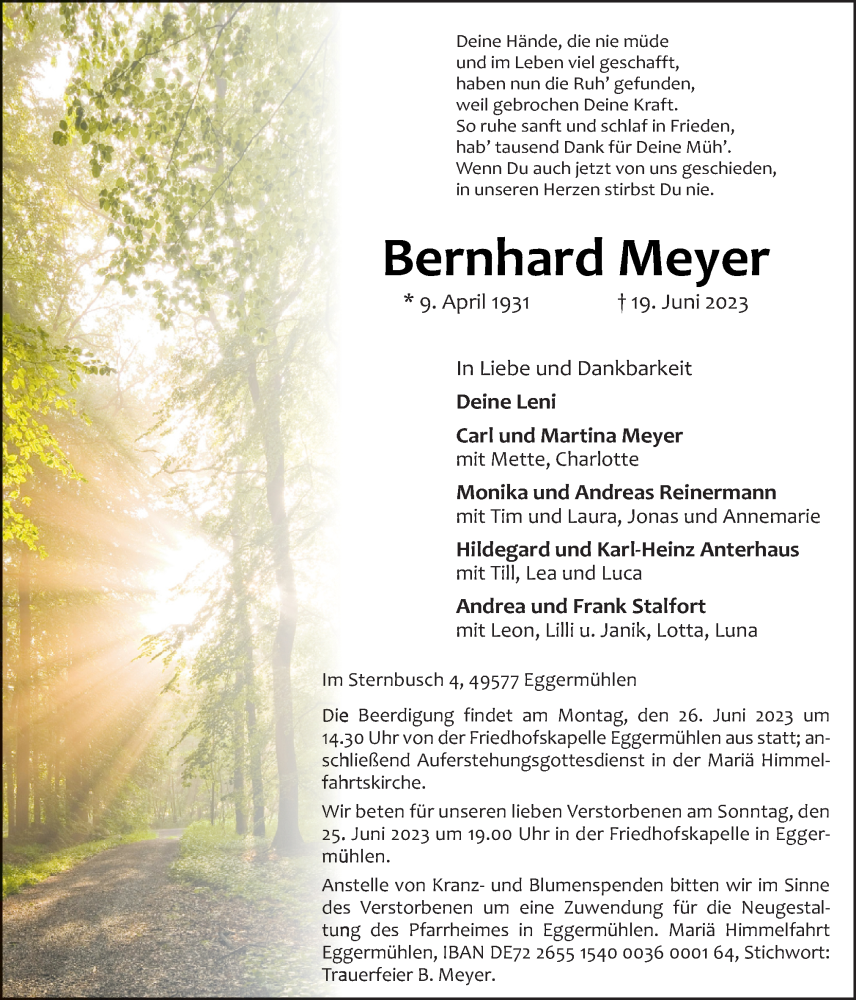  Traueranzeige für Bernhard Meyer vom 21.06.2023 aus Neue Osnabrücker Zeitung GmbH & Co. KG