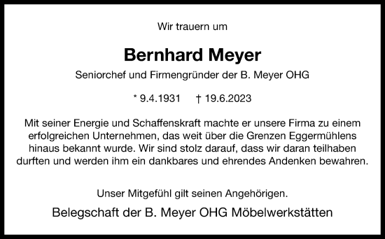 Traueranzeige von Bernhard Meyer von Neue Osnabrücker Zeitung GmbH & Co. KG