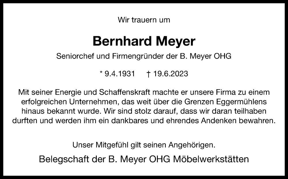  Traueranzeige für Bernhard Meyer vom 21.06.2023 aus Neue Osnabrücker Zeitung GmbH & Co. KG